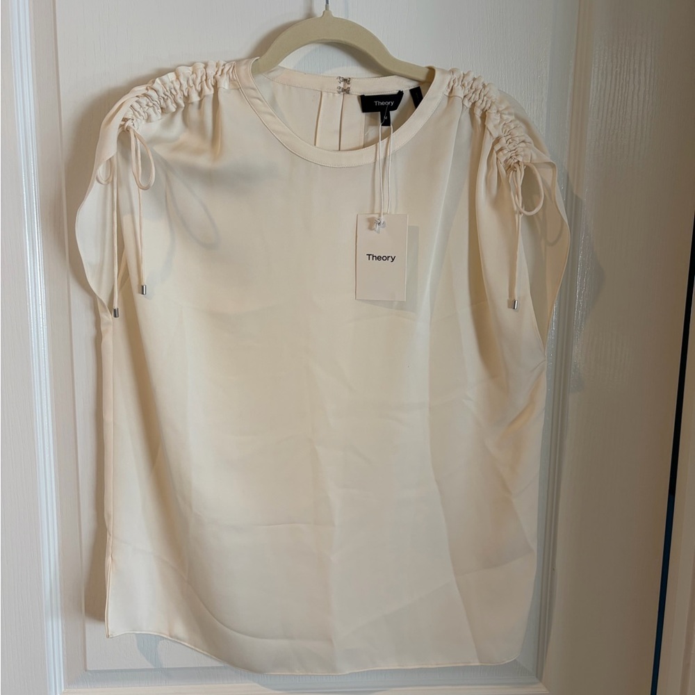 Theory Cream Drawstring Shoulder Blouse. High quality 100% silk. Elegant